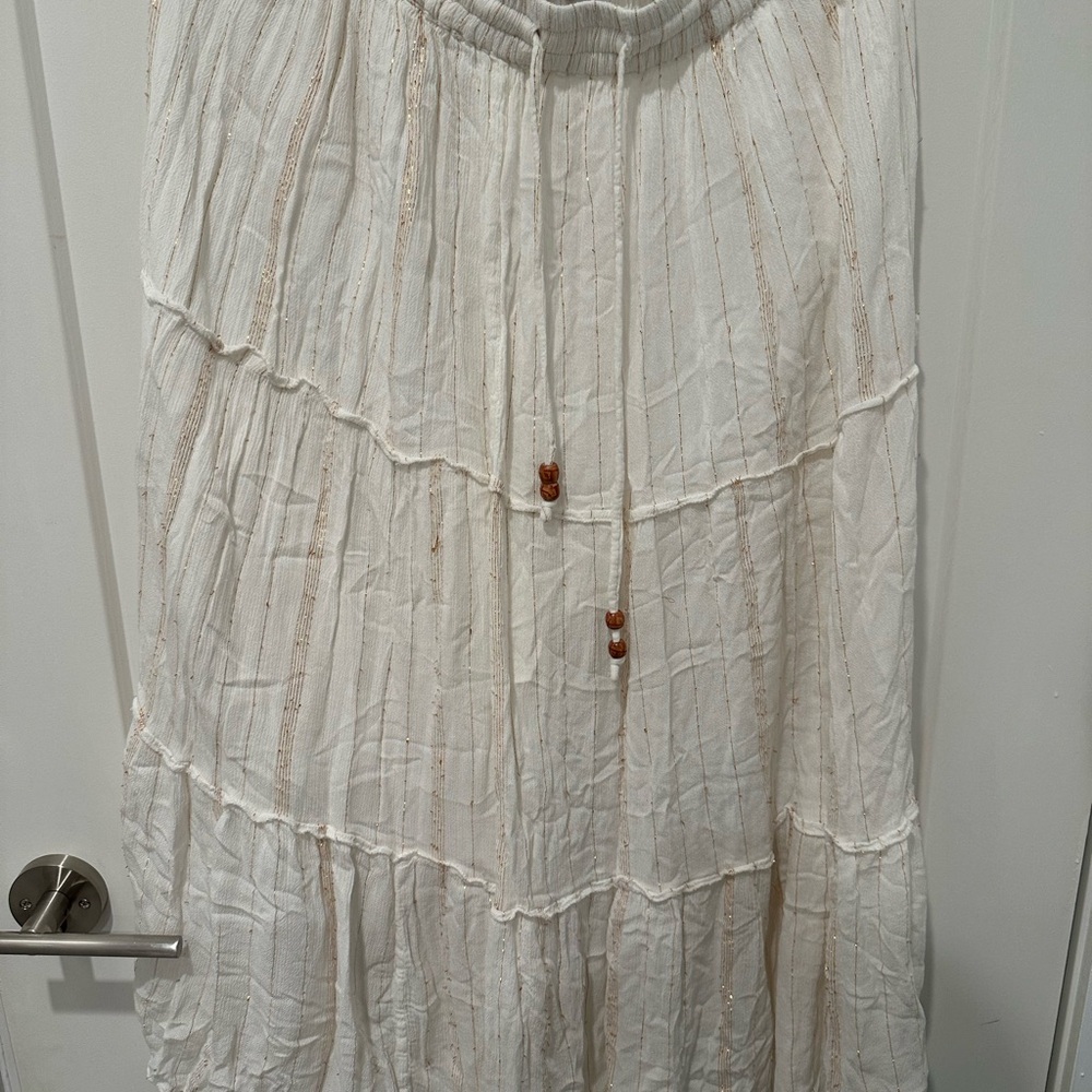 Boho White Maxi Skirt with Metallic Accents